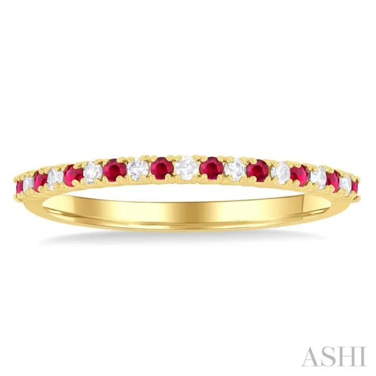 1/10 Ctw Petite 1.35 MM Ruby and Round Cut Diamond Precious Stack Band in 10K Yellow Gold