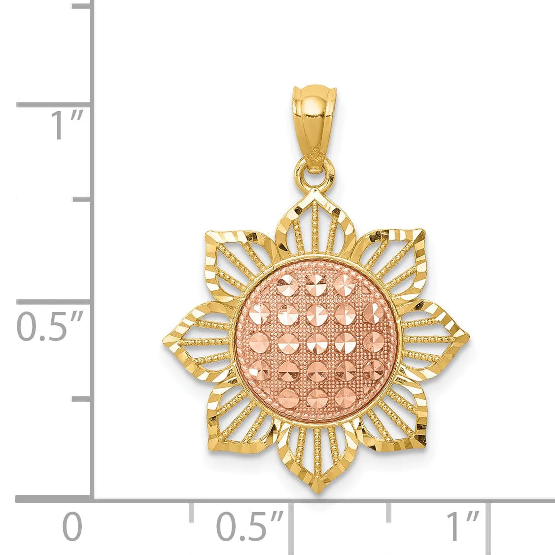 14K Two-Tone Gold Solid Polished Finish Diamond-cut Sunflower Charm Pendant