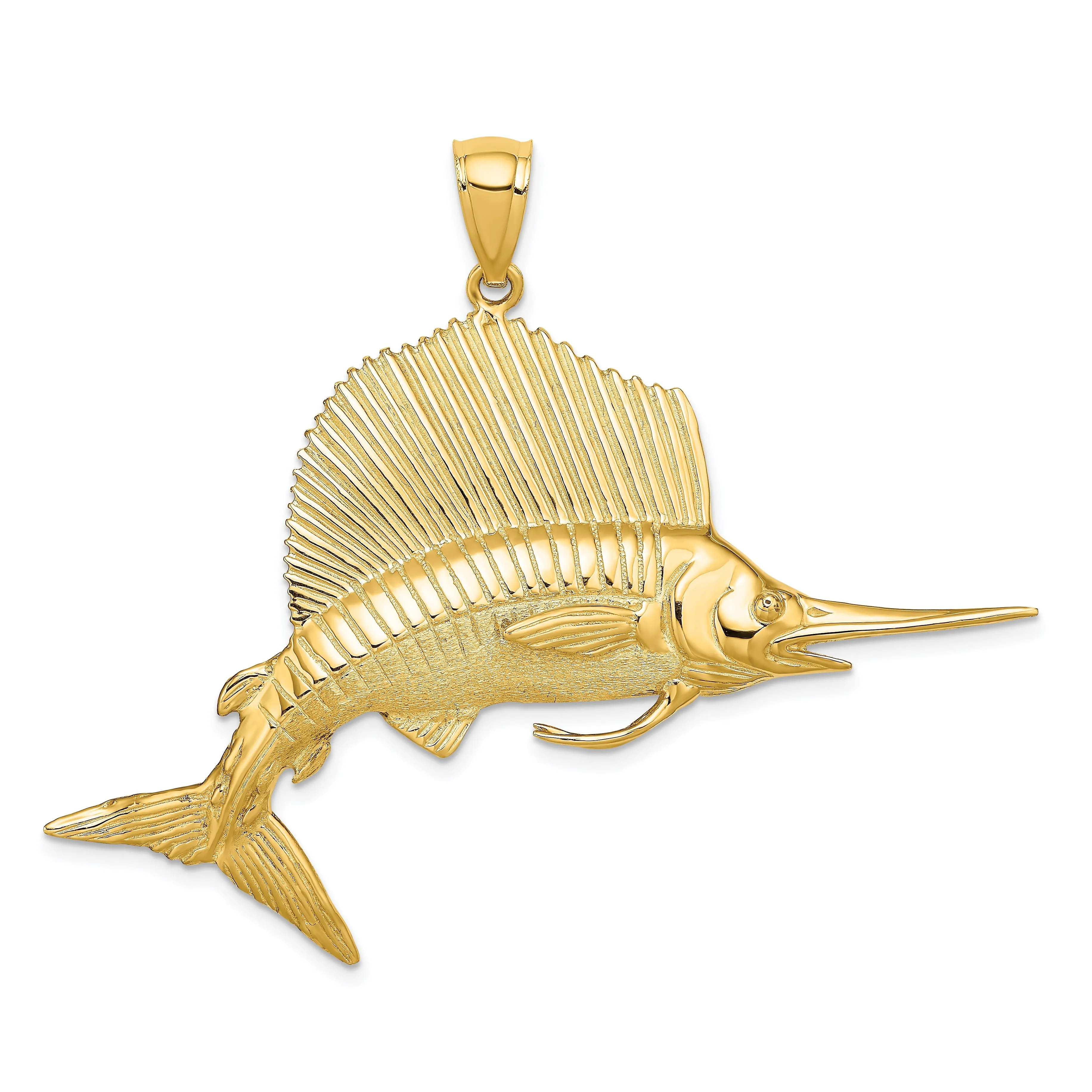 14K Yellow Gold 3-Dimensional Textured Polished Satin FinishBlue Marlin Fish Charm Pendant