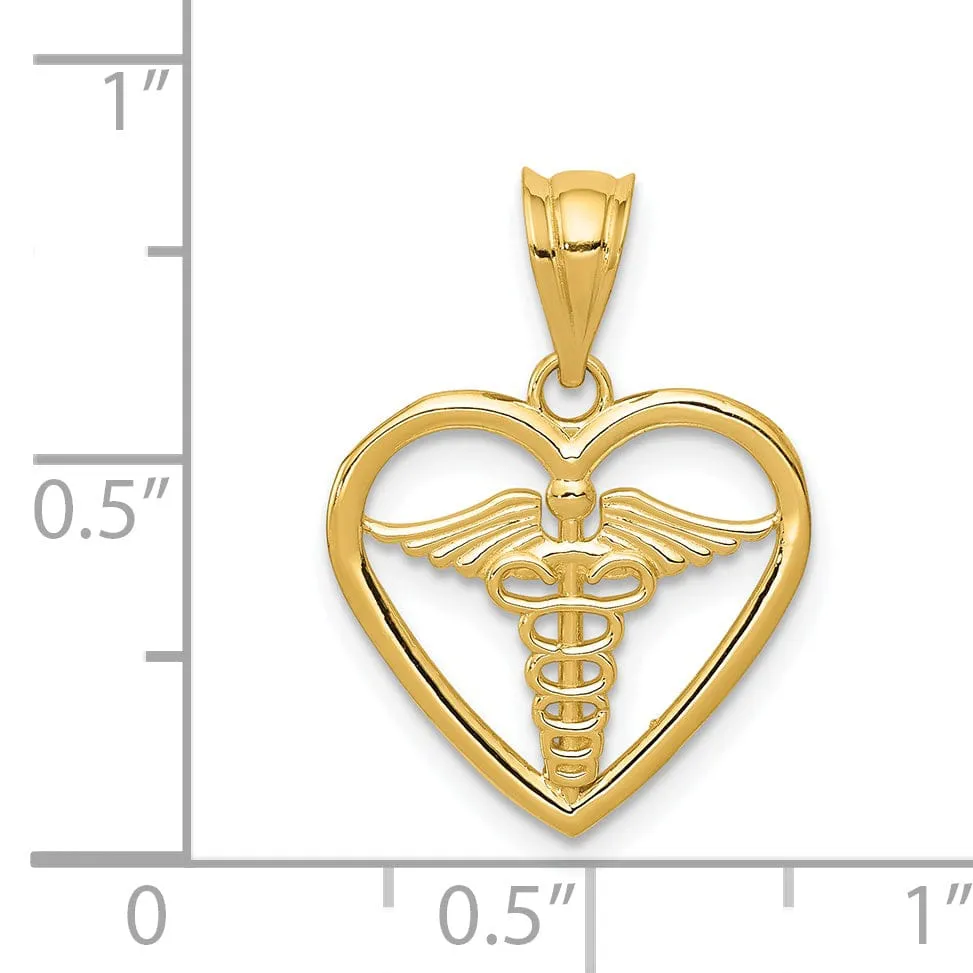 14k Yellow Gold Caduceus Heart Medical Pendant