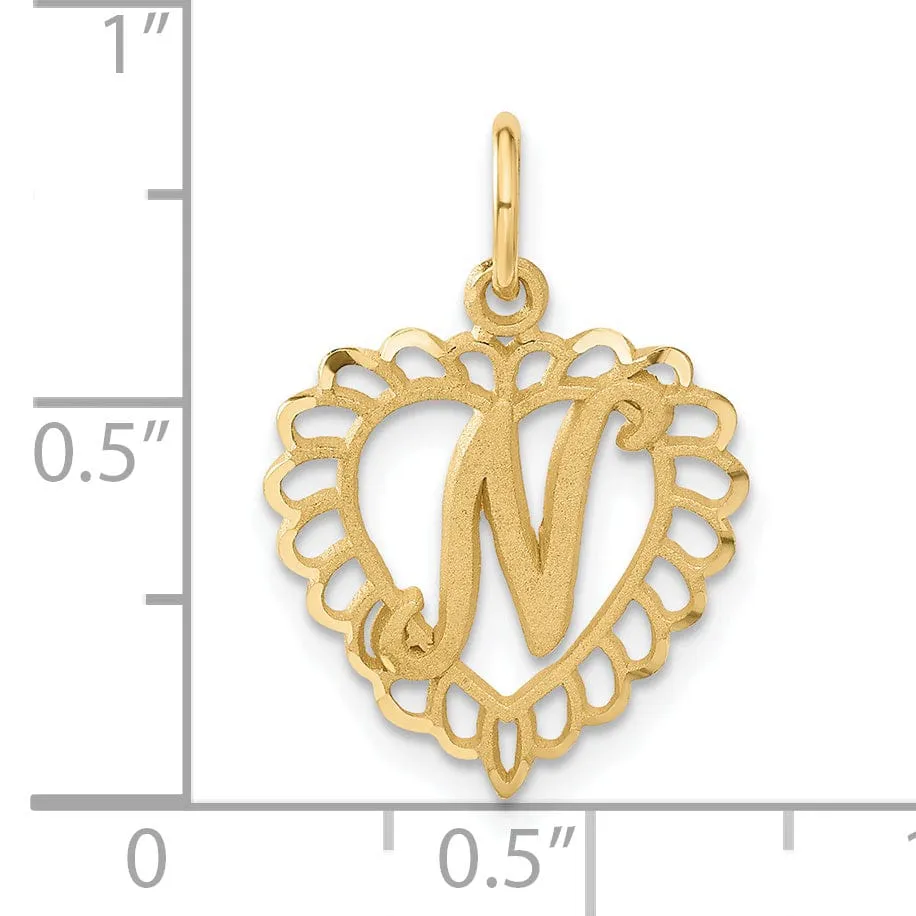 14k Yellow Gold Heart Shape Script Design Letter N Charm Pendant