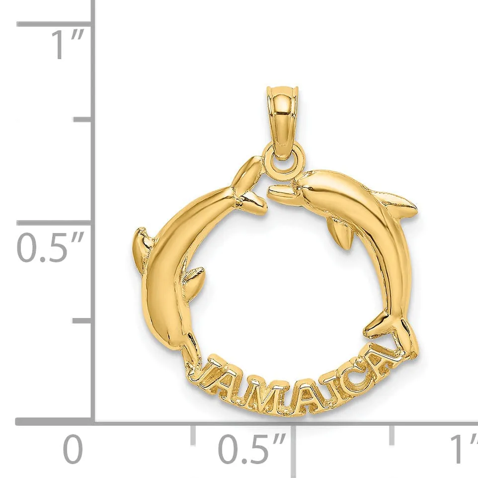 14K Yellow Gold Polished Finish JAMAICA Under Double Dolphins Charm Pendant