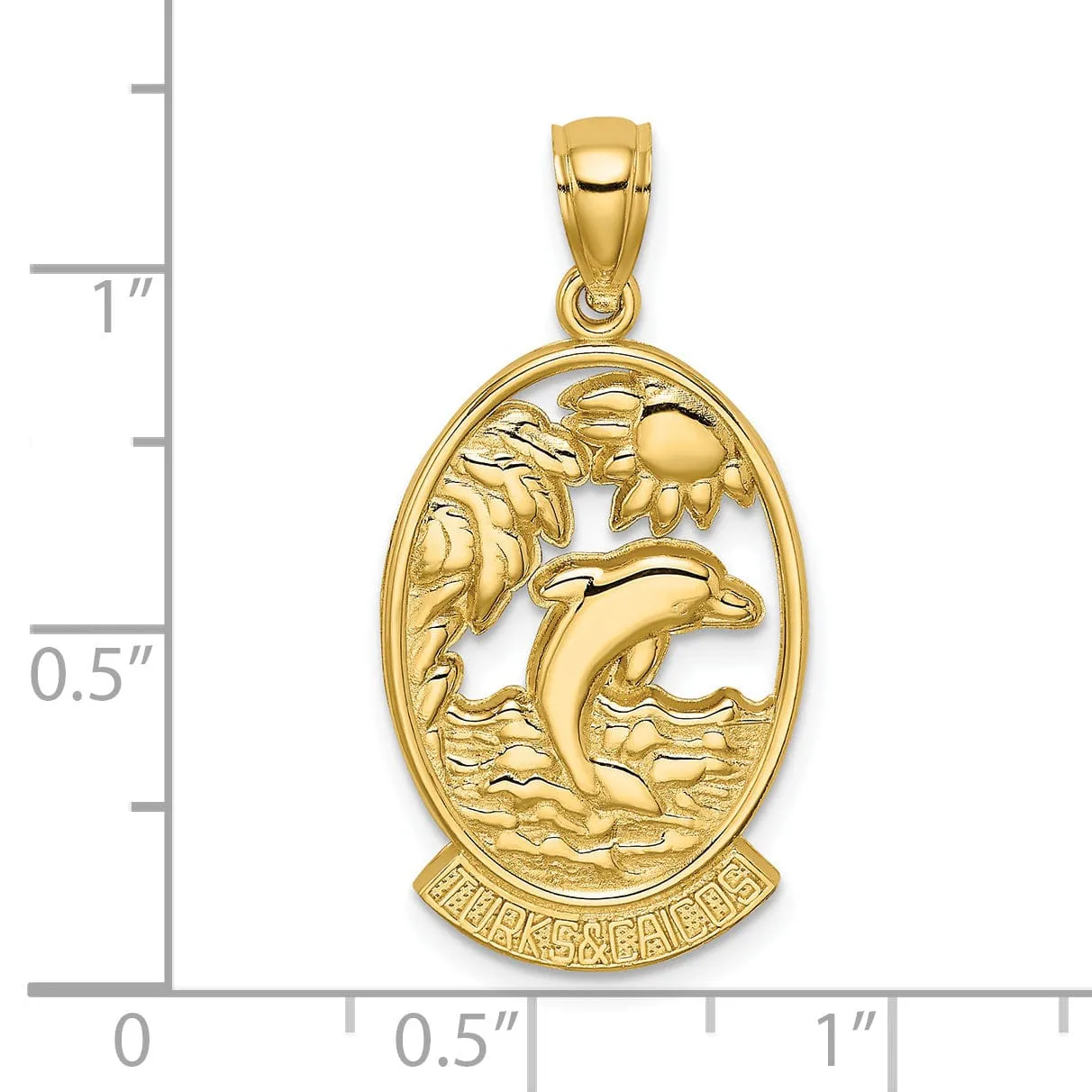 14K Yellow Gold Polished Finish TURKS & CAICOS with Dolphin Sunset Scene Design Charm Pendant