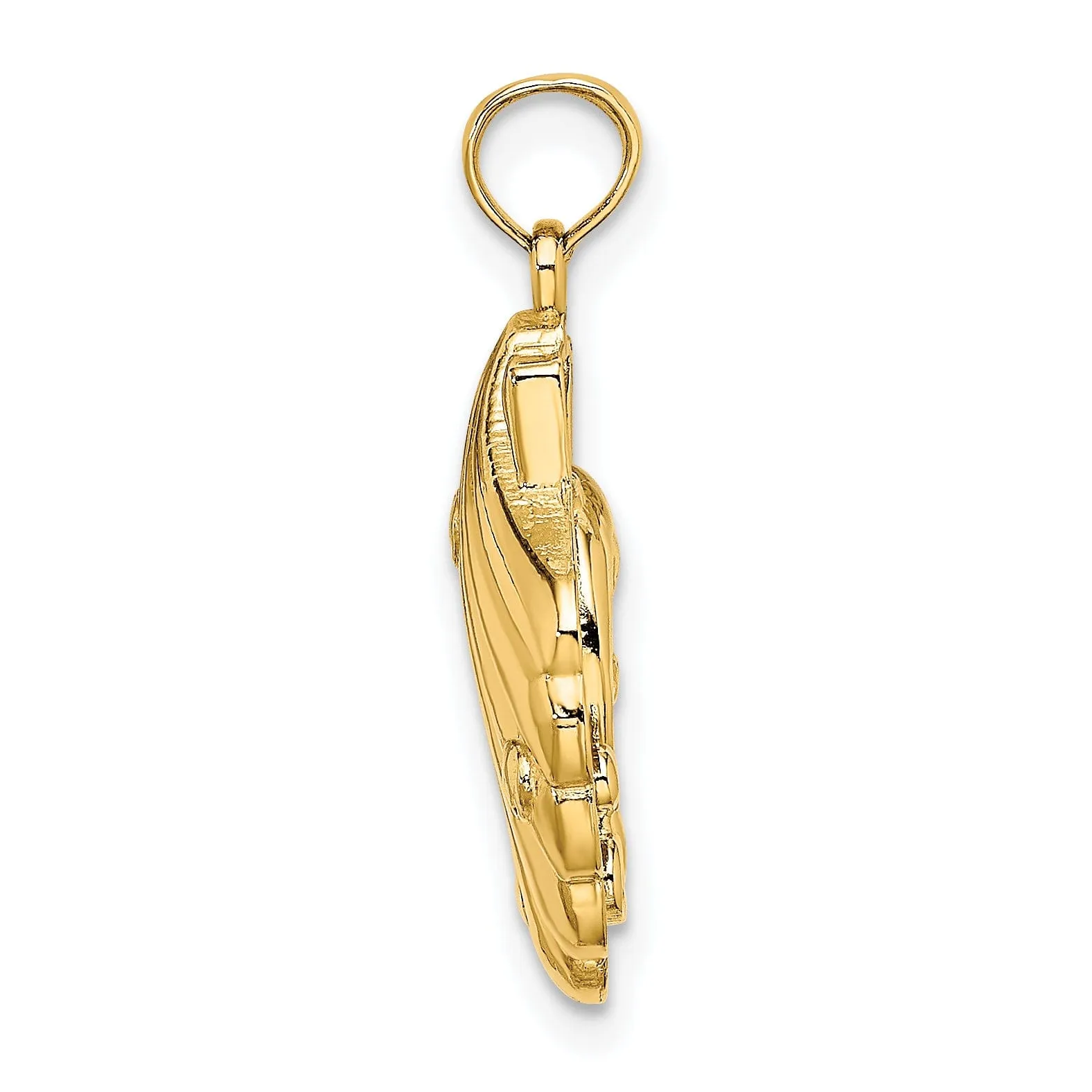 14K Yellow Gold Polished Textured Finish 3-Dimensional Reversible Dolphins Swimming in Waves Shell Design Charm Pendant