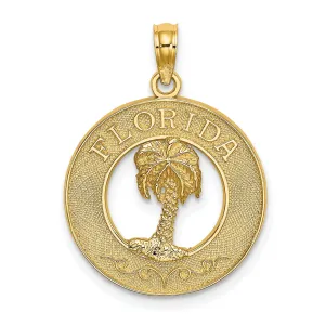 14K Yellow Gold Polished Textured Finish FLORIDA Single Palm Tree in Circle Design Charm Pendant