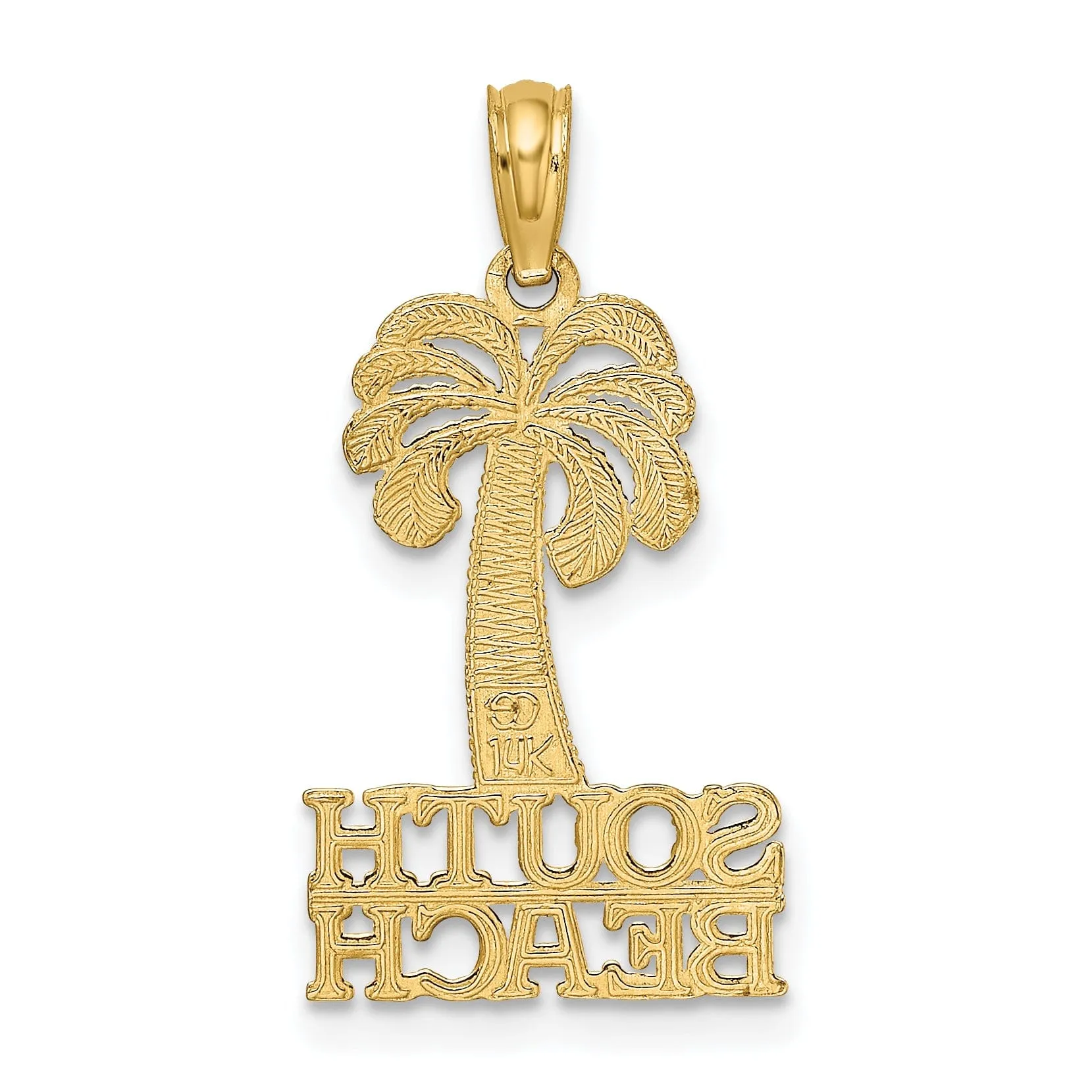 14K Yellow Gold Polished Textured Finish SOUTH BEACH Under Palm Tree Sign Charm Pendant