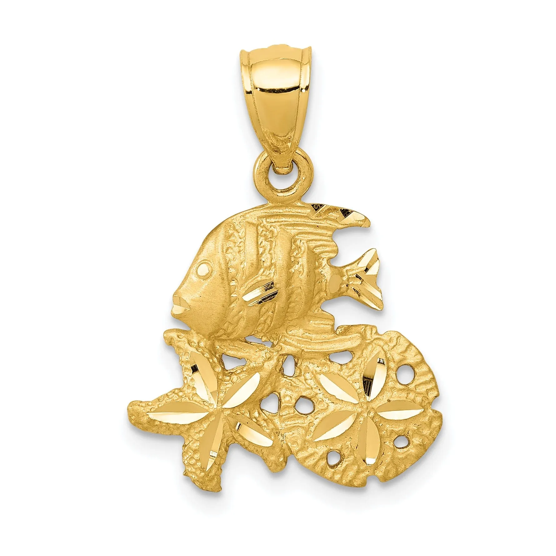 14k Yellow Gold Satin D.C Finish Fish Starfish Sand Dollar Pendant