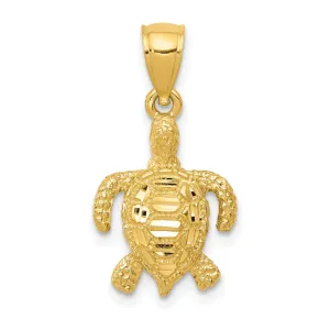 14k Yellow Gold Solid Open Back Casted Polished and Textured Diamond-cut Sea Turtle Charm Pendant