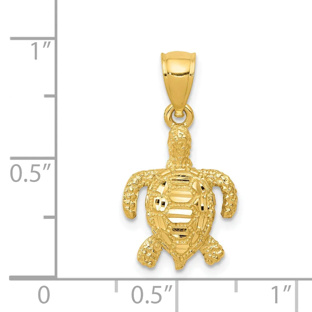 14k Yellow Gold Solid Open Back Casted Polished and Textured Diamond-cut Sea Turtle Charm Pendant