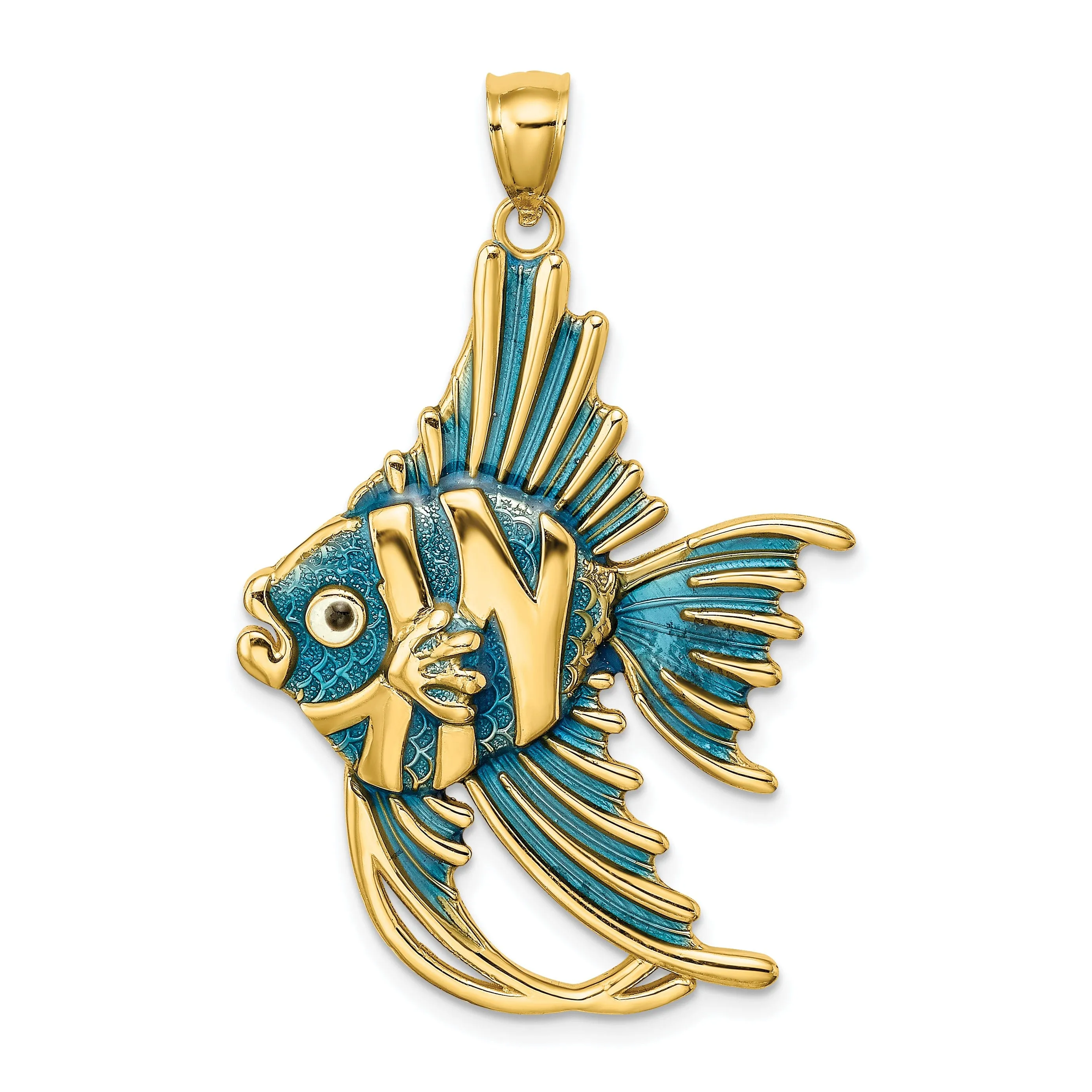 14K Yellow Gold Solid Textured Polished Blue Enamel Finish ANGELFISH Charm Pendant