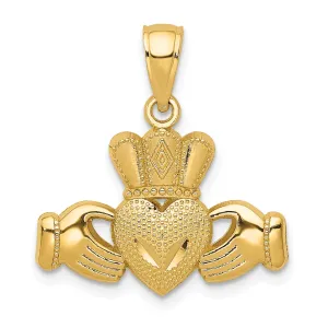 14k Yellow Gold Solid Textured Polished Finish Claddagh Crown Design Charm Pendant