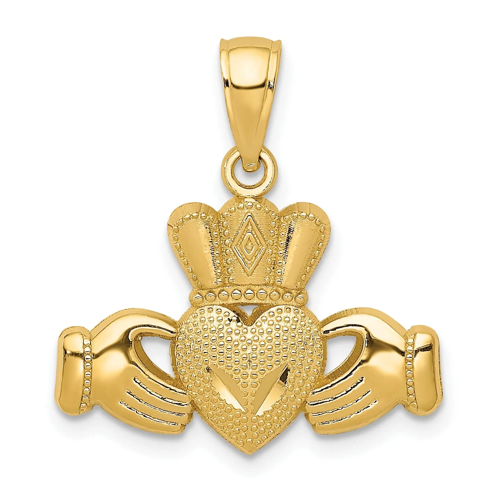 14k Yellow Gold Solid Textured Polished Finish Claddagh Crown Design Charm Pendant