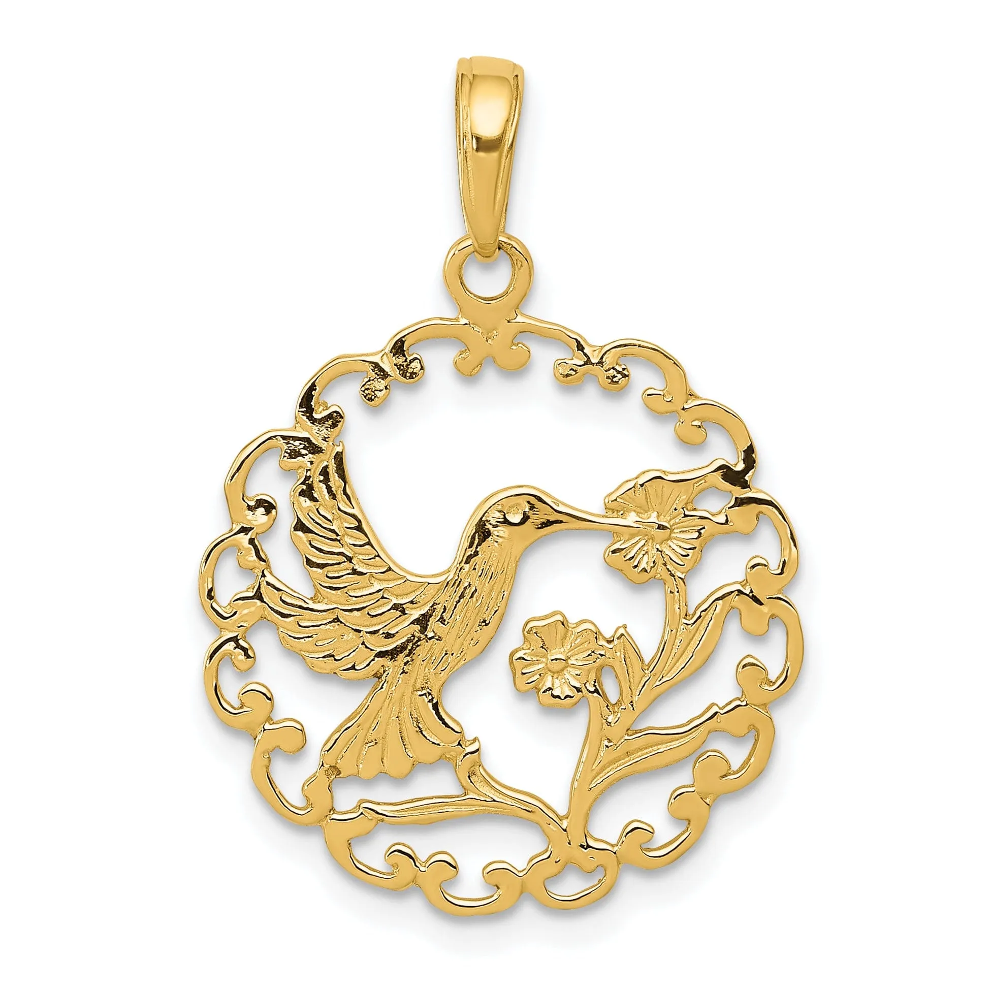 14k Yellow Gold Textured Polished Finish Soild Hummingbird in RoundCharm  Frame Pendant