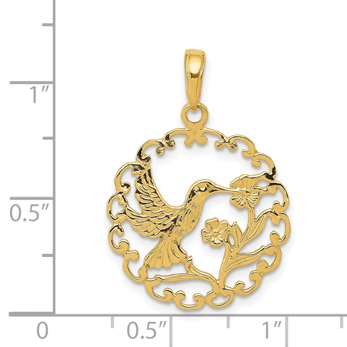 14k Yellow Gold Textured Polished Finish Soild Hummingbird in RoundCharm  Frame Pendant