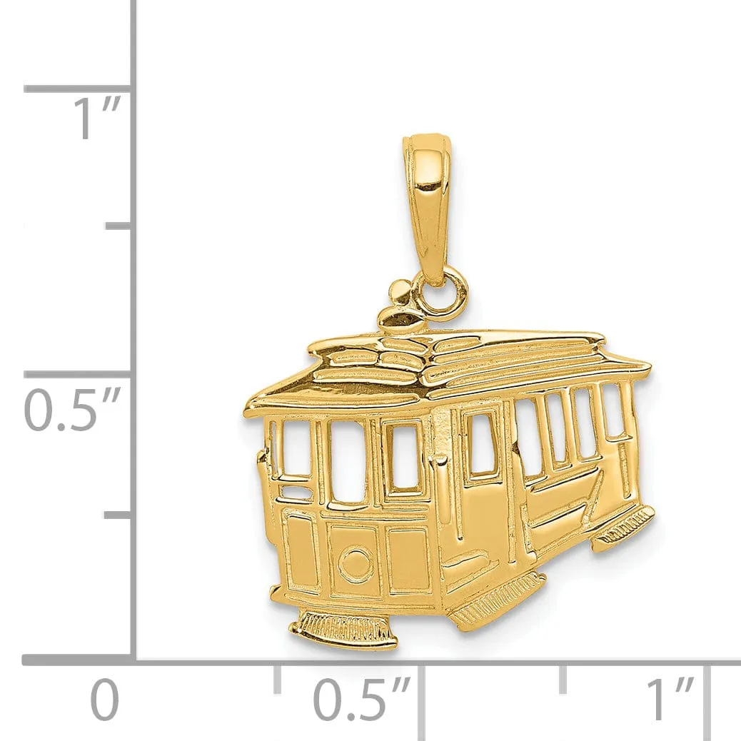 14k Yellow Gold Textured Polished Finish Solid Cable Car Design Charm Pendant