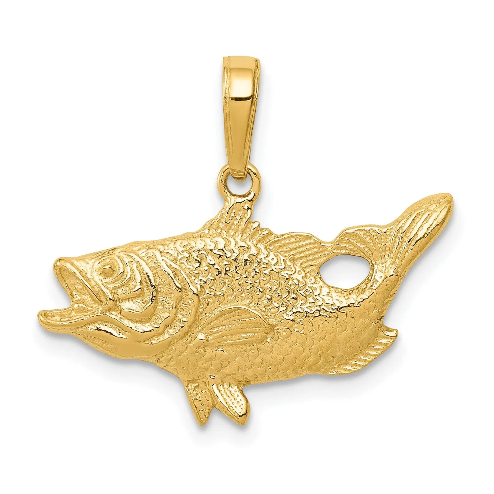 14k Yellow Gold Textured Solid Polished Finish Open Mouthed Bass Fish Charm Pendant