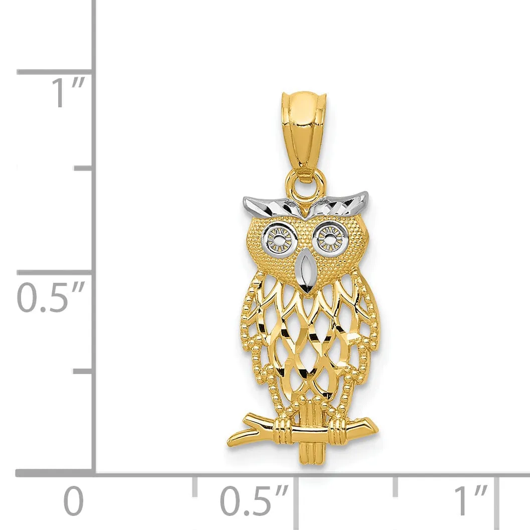 14k Yellow Gold White Rhodium Diamond Cut Polished Finish Owl Design Charm Pendant