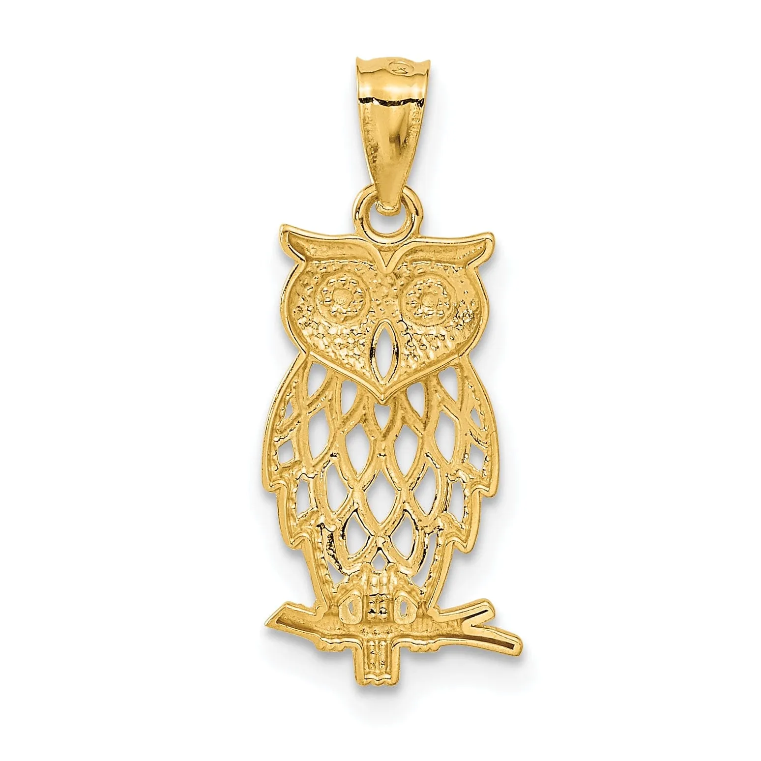 14k Yellow Gold White Rhodium Diamond Cut Polished Finish Owl Design Charm Pendant