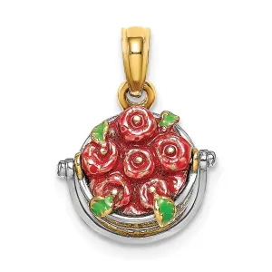 14K Yellow Gold with White Rhodium 3D Enamel Solid Polished Finish Apple Basket Charm Pendant