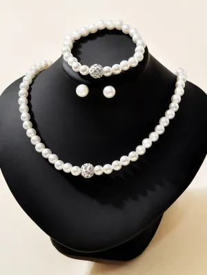 4pcs Faux Pearl Decor Sparkling Jewelry Set With Choker Necklace & Beaded