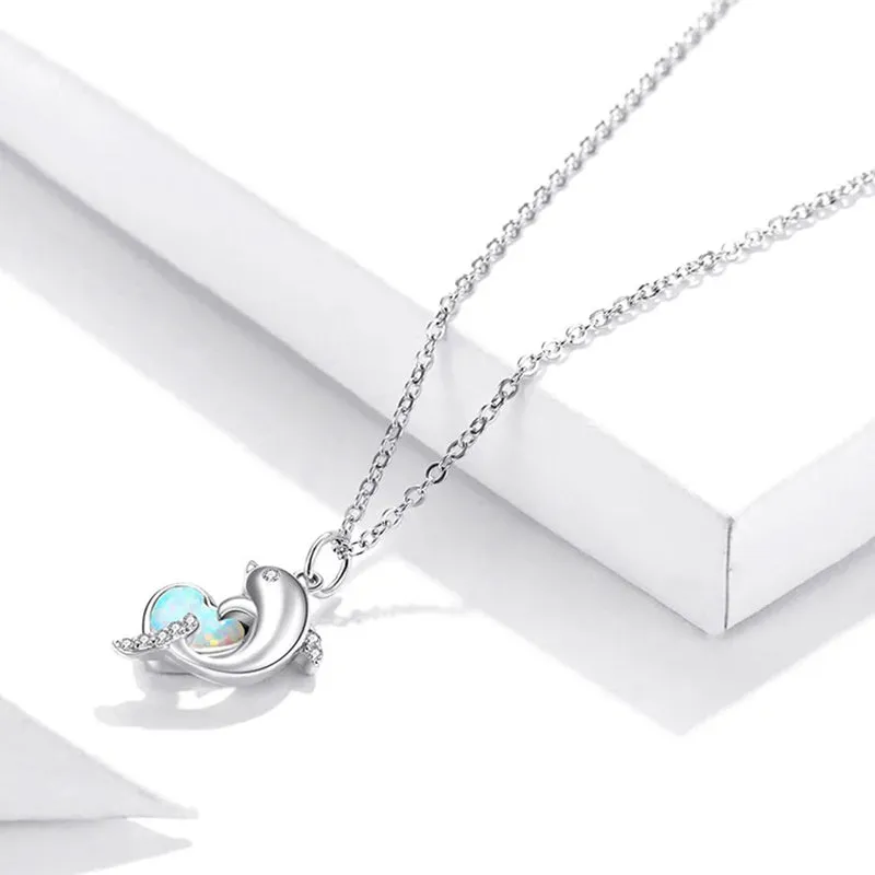 925 Sterling Silver Dolphin with Heart Plated platinum CZ Pendant Necklace for Women Family Gifts Fine Jewelry