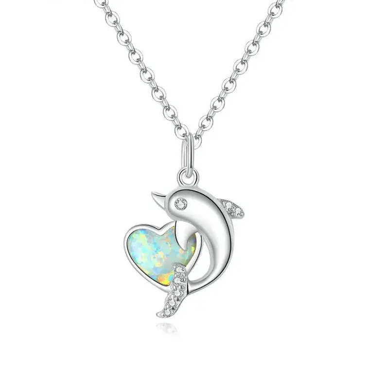 925 Sterling Silver Dolphin with Heart Plated platinum CZ Pendant Necklace for Women Family Gifts Fine Jewelry