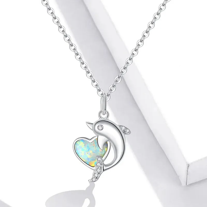 925 Sterling Silver Dolphin with Heart Plated platinum CZ Pendant Necklace for Women Family Gifts Fine Jewelry