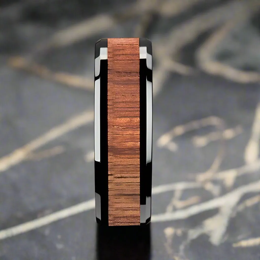 ACACIA | Black Ceramic Ring, Koa Wood Inlay, Beveled