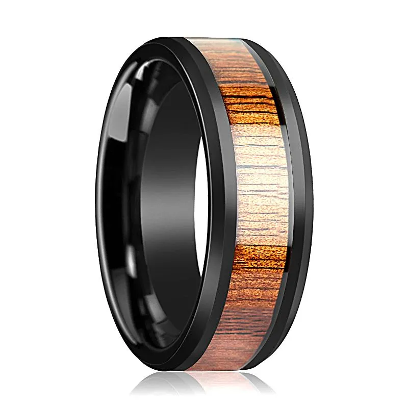 ACACIA | Black Ceramic Ring, Koa Wood Inlay, Beveled