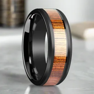 ACACIA | Black Ceramic Ring, Koa Wood Inlay, Beveled