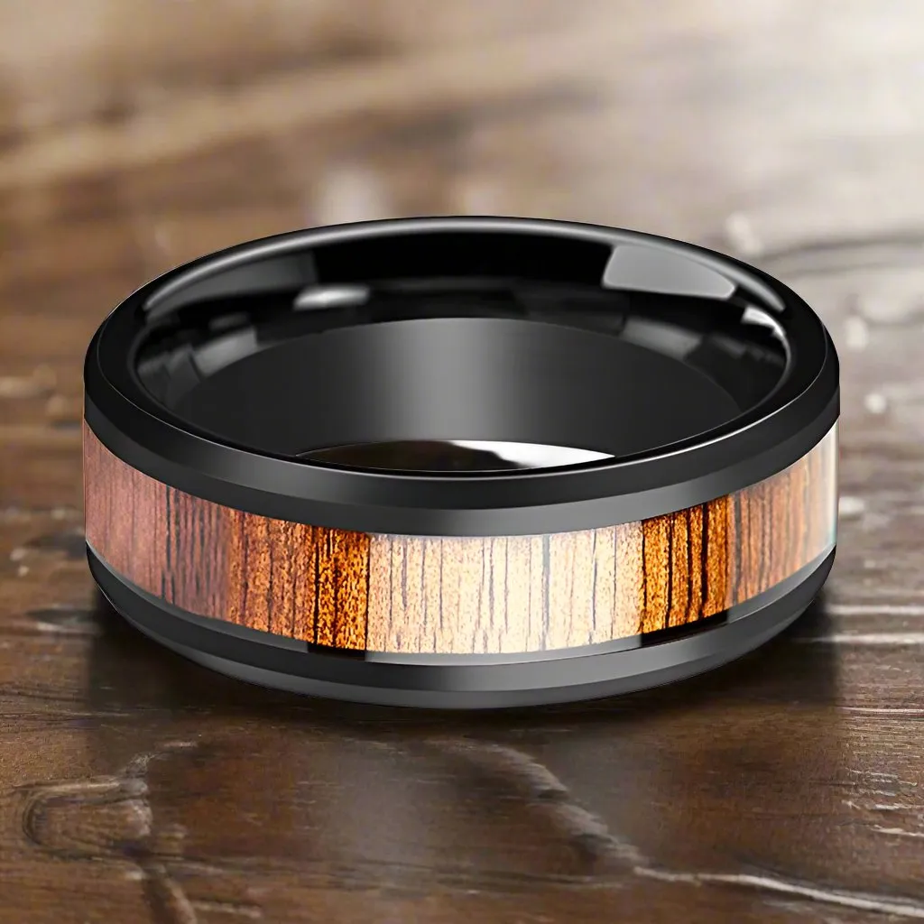 ACACIA | Black Ceramic Ring, Koa Wood Inlay, Beveled