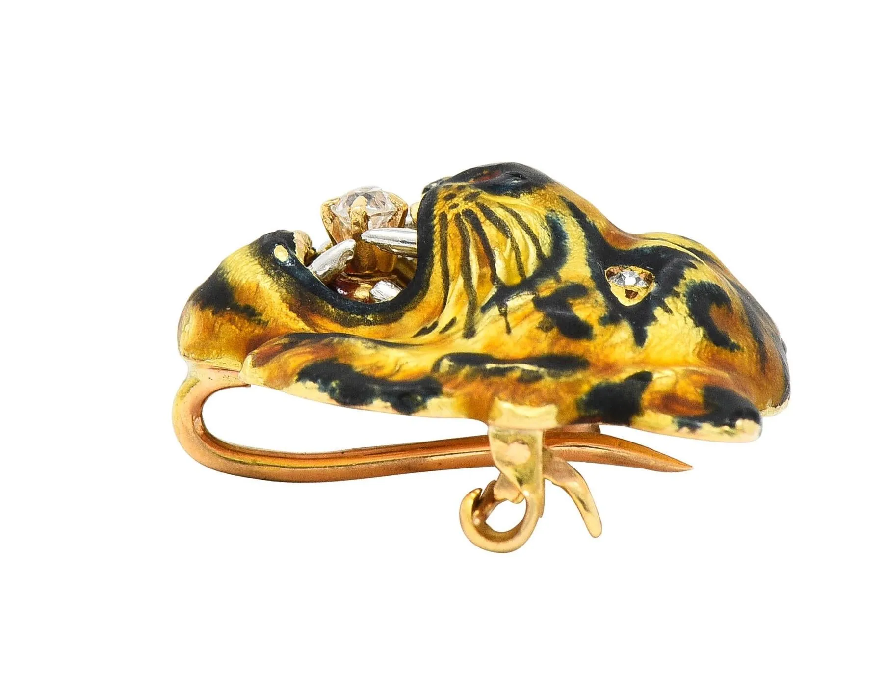 Alling & Co. Art Nouveau Diamond Enamel 14 Karat Yellow Gold Antique Tiger Brooch