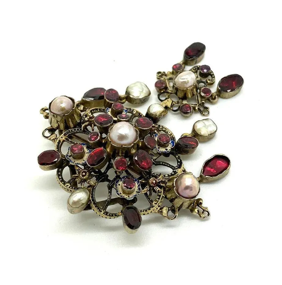 Antique 1900 Austro-Hungarian Garnet Baroque Pearl Brooch Necklace