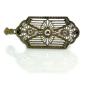 Antique Diamond Emerald Brooch Signed T.C Shop