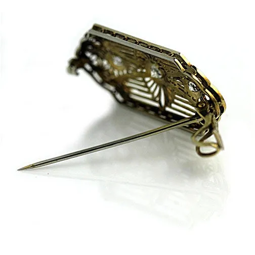 Antique Diamond Emerald Brooch Signed T.C Shop