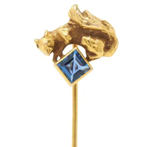 Antique Square Step Cut Sapphire 14 Karat Yellow Gold Squirrel Stickpin