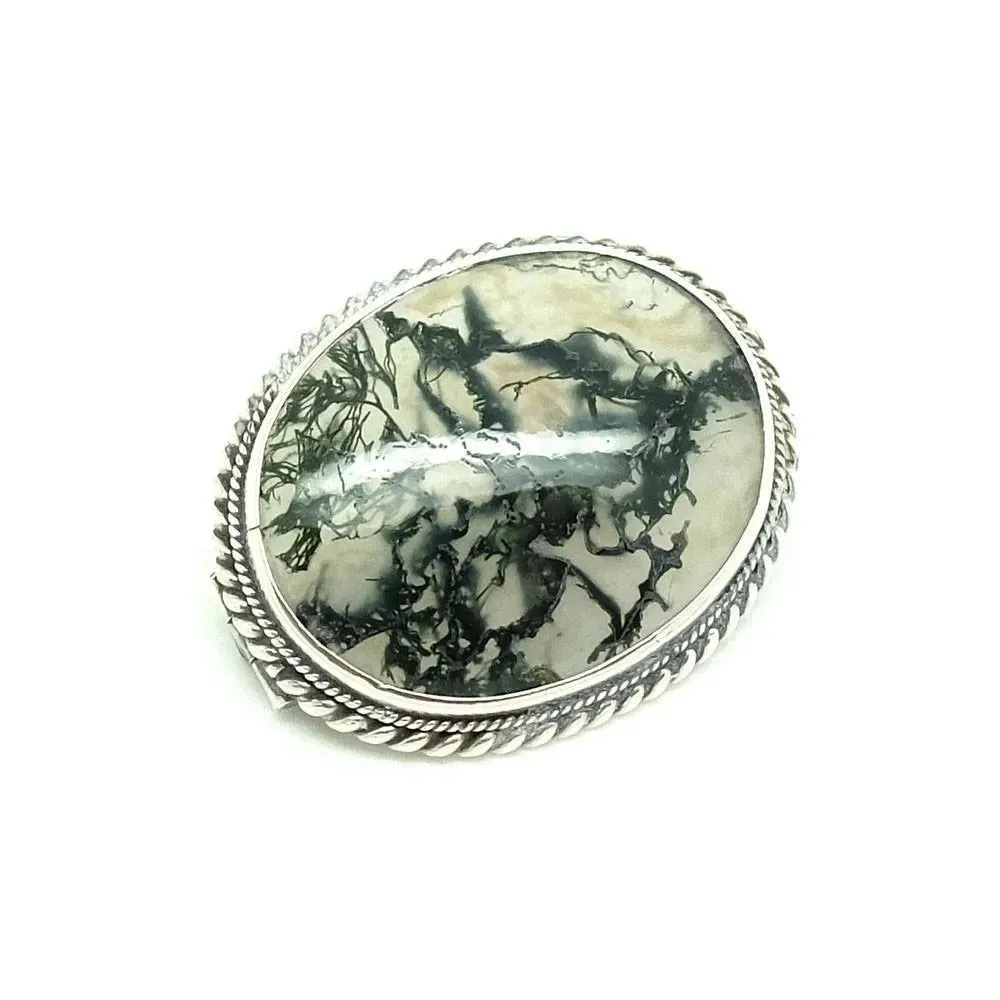 Antique Victorian Moss Agate Silver Brooch Pin