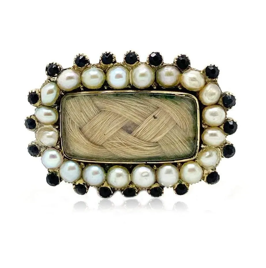 Antique Victorian Pearl & Garnet Woven Hair Gold Mourning Brooch