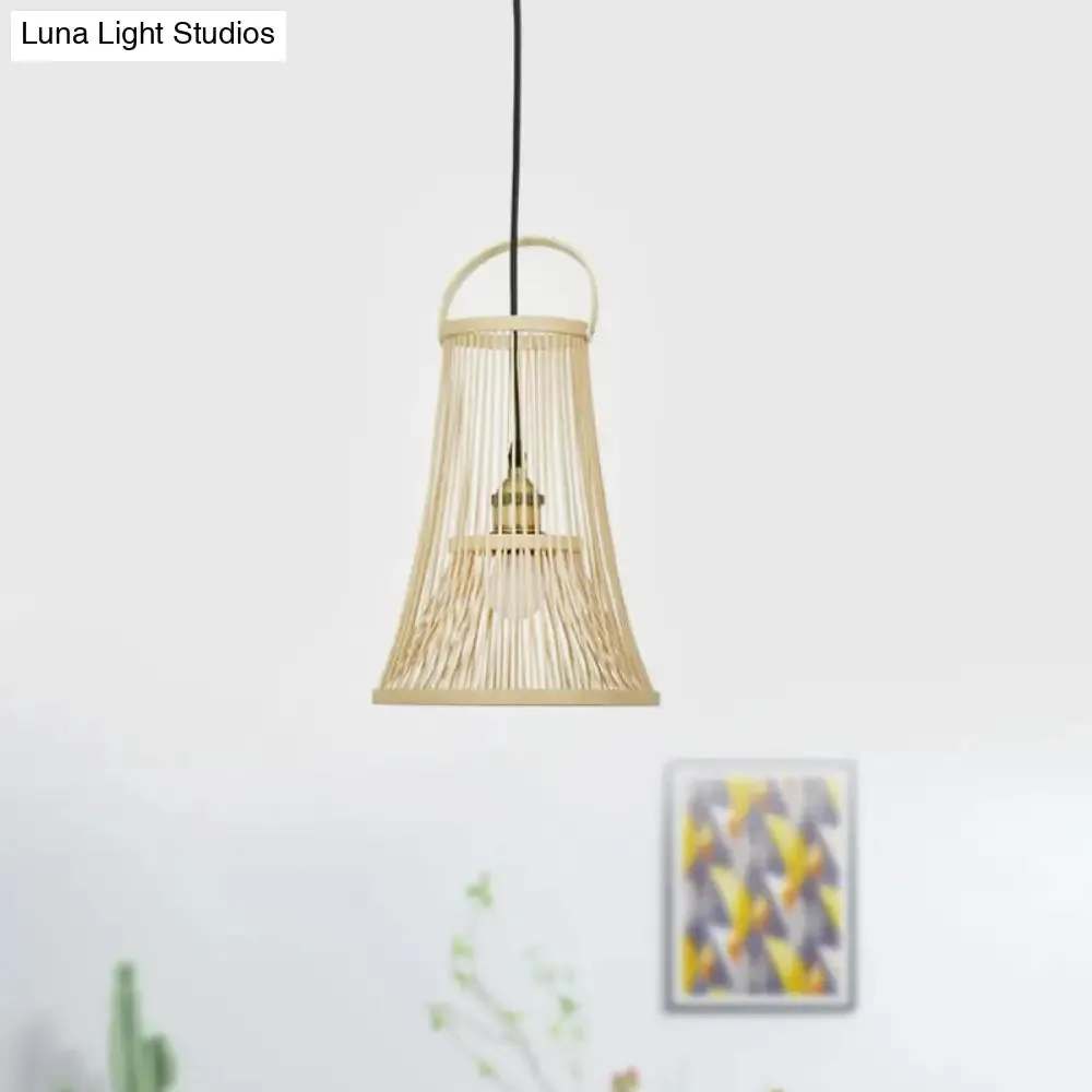 Asian Style Bamboo Trumpet Pendant Light with Arched Handle - Beige, 1-Bulb Ceiling Hang Lamp