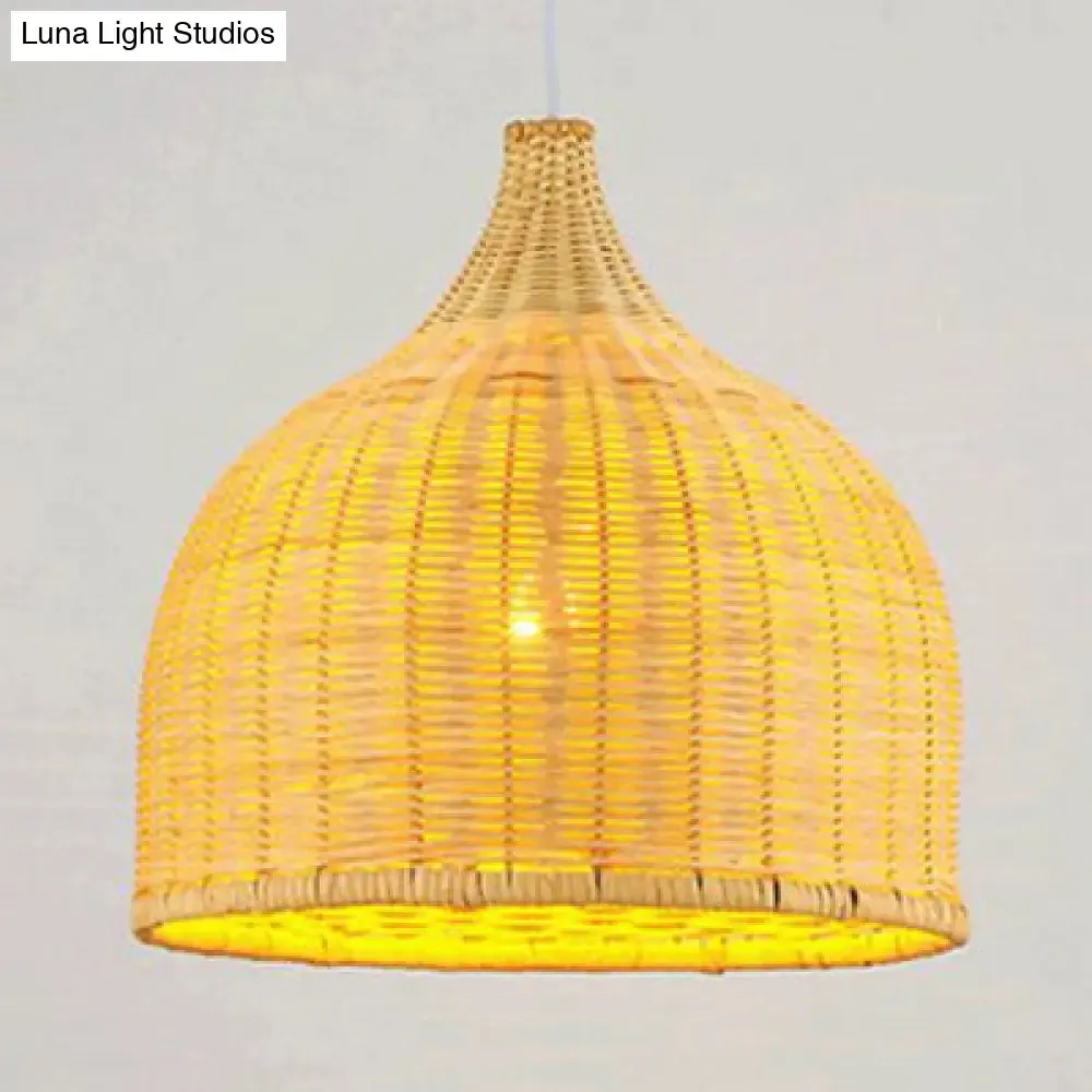 Bamboo Domed Farmhouse Pendant Lamp: Hand-Knitted, Beige - 1 Light