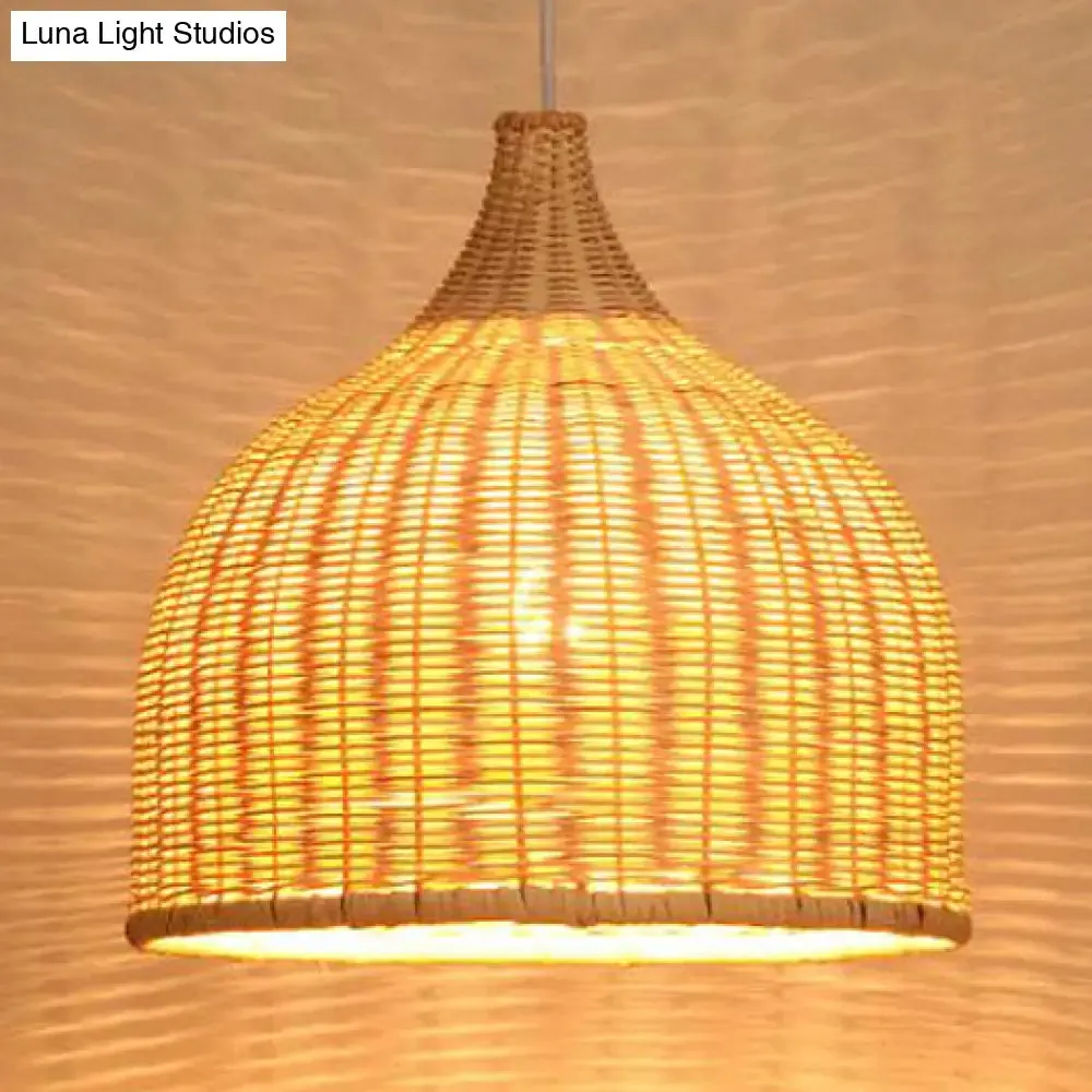 Bamboo Domed Farmhouse Pendant Lamp: Hand-Knitted, Beige - 1 Light