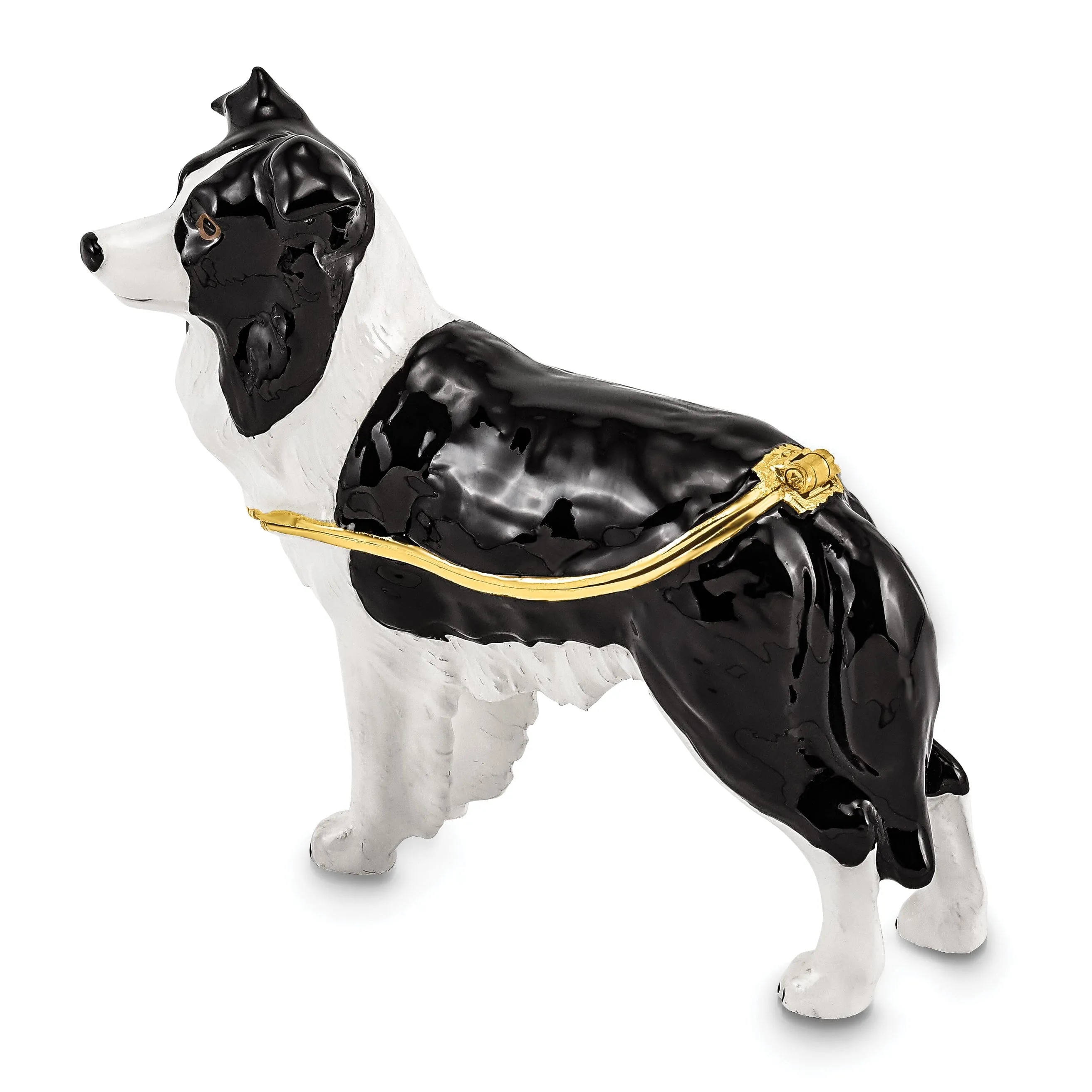 Bejeweled Gold Tone Black White Color BRUNO Border Collie Trinket Box