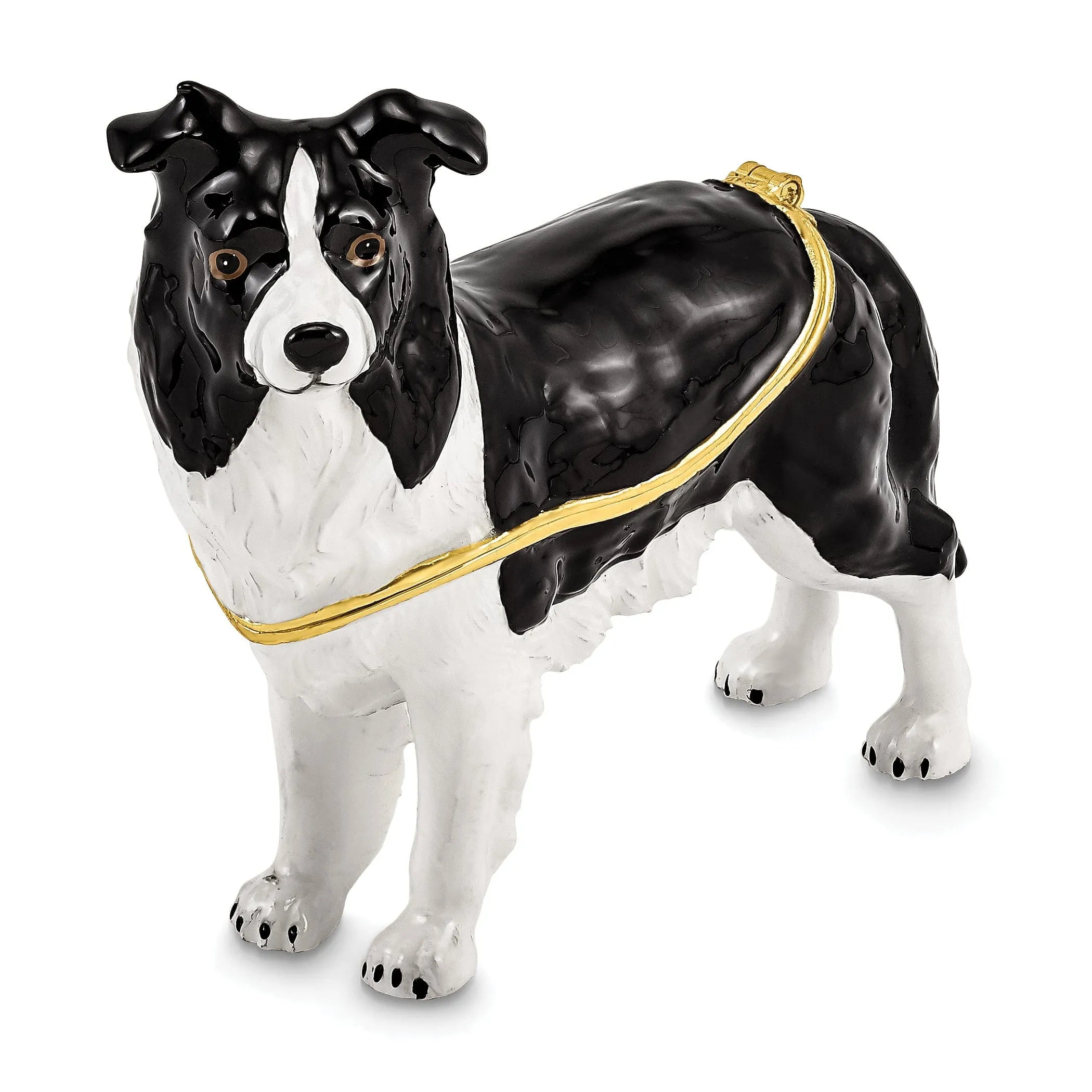 Bejeweled Gold Tone Black White Color BRUNO Border Collie Trinket Box