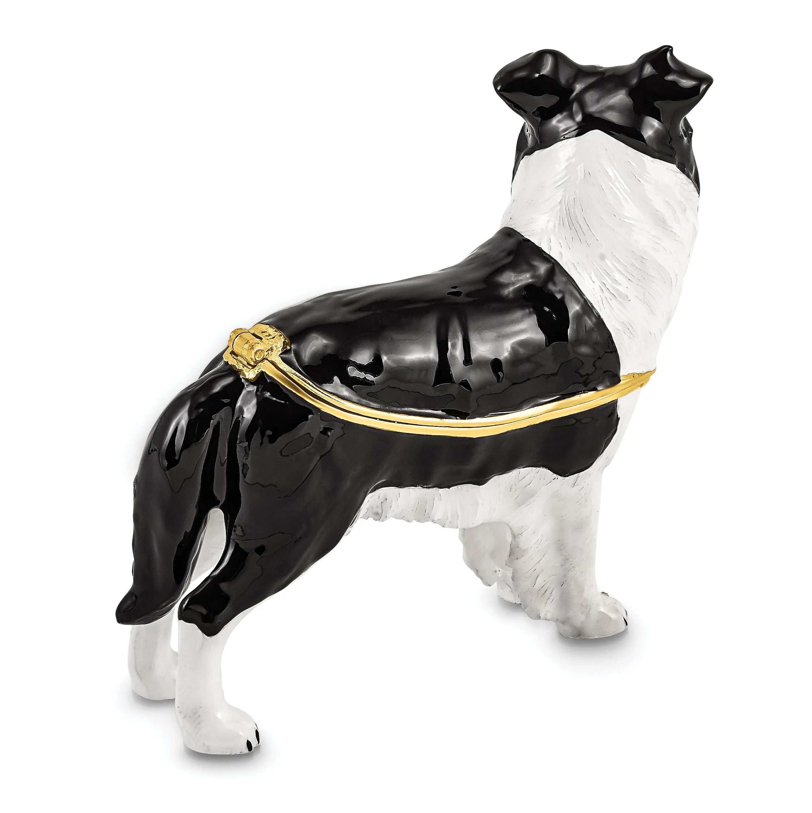 Bejeweled Gold Tone Black White Color BRUNO Border Collie Trinket Box