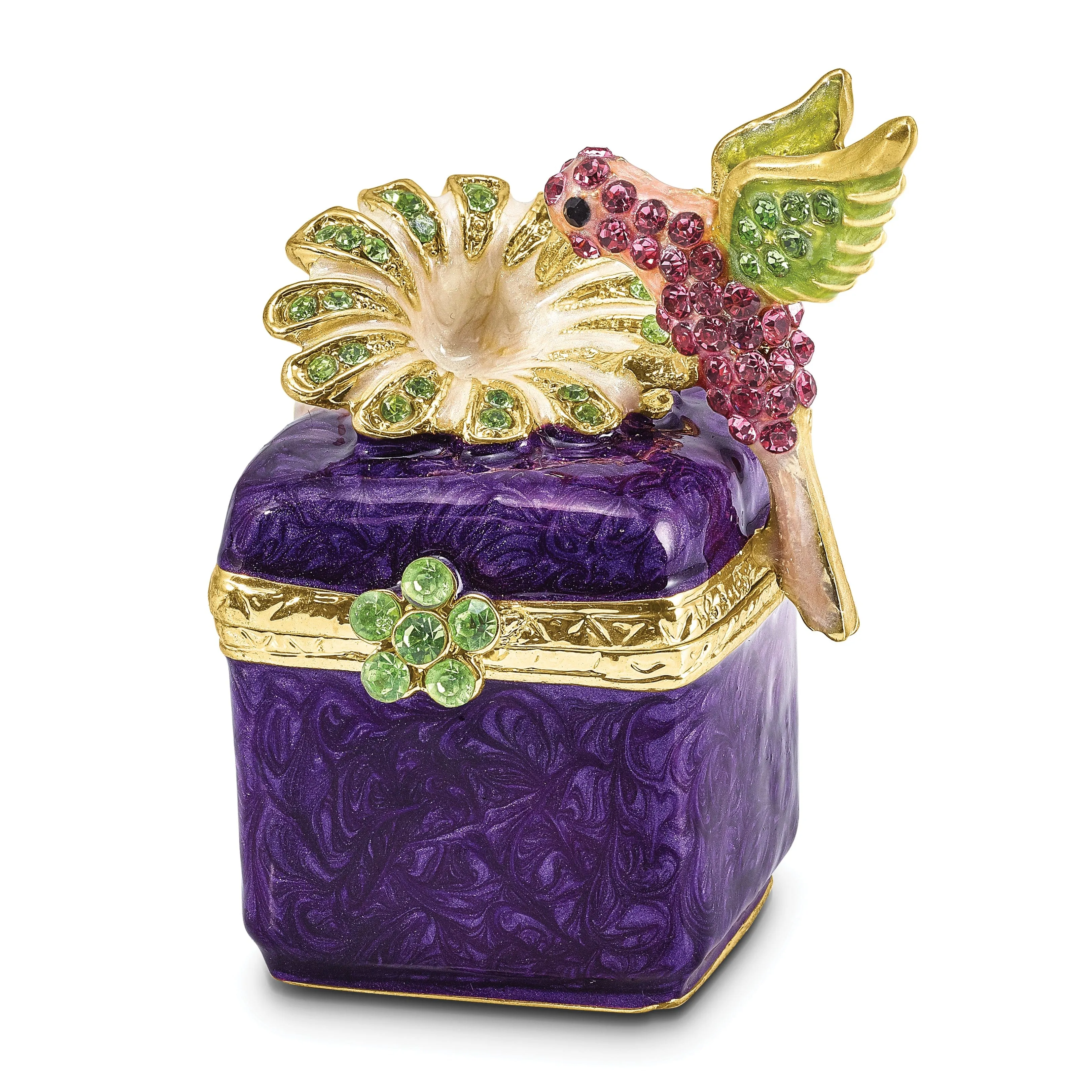 Bejeweled Pewter Purple Box/Flower/Hummingbird Trinket Box Design