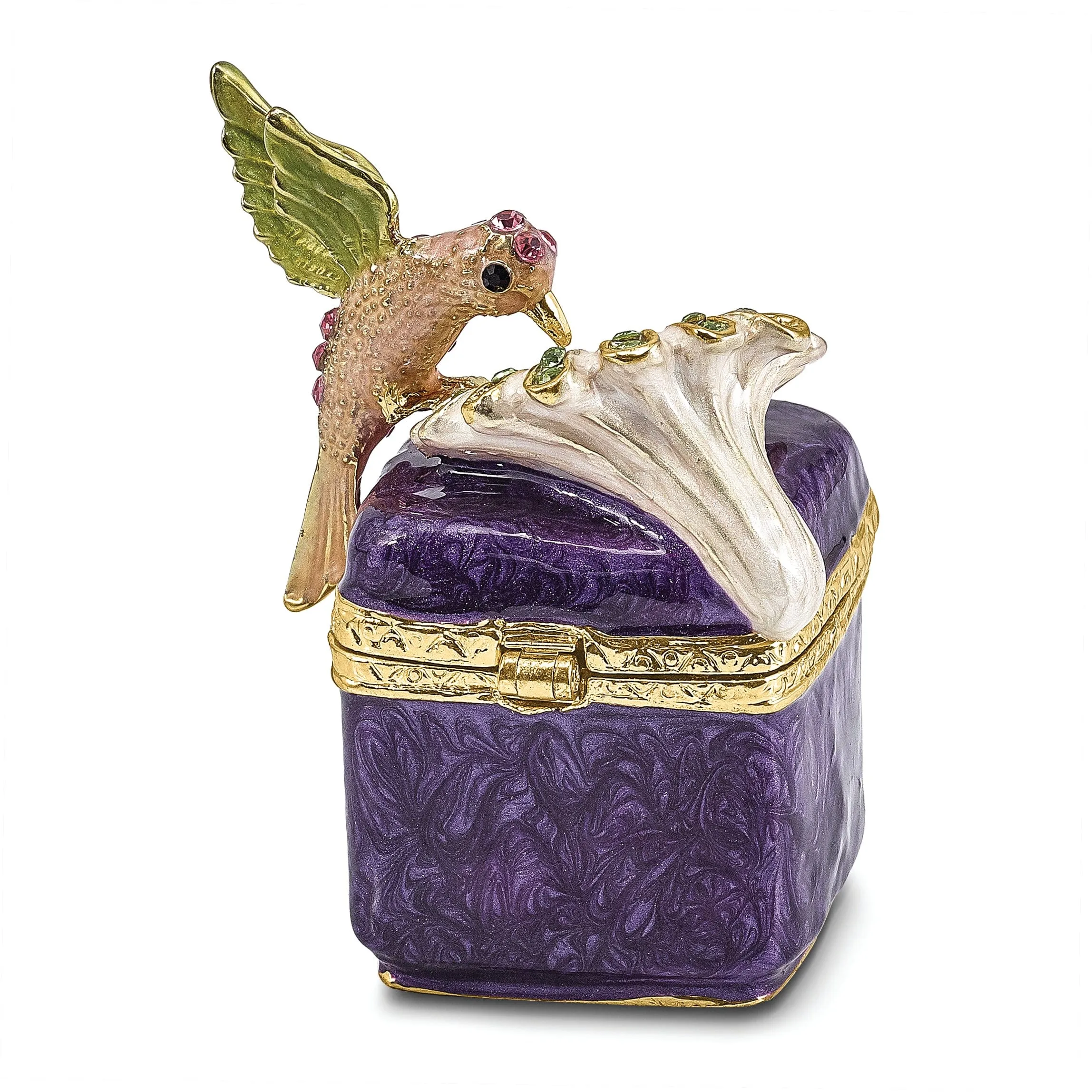 Bejeweled Pewter Purple Box/Flower/Hummingbird Trinket Box Design