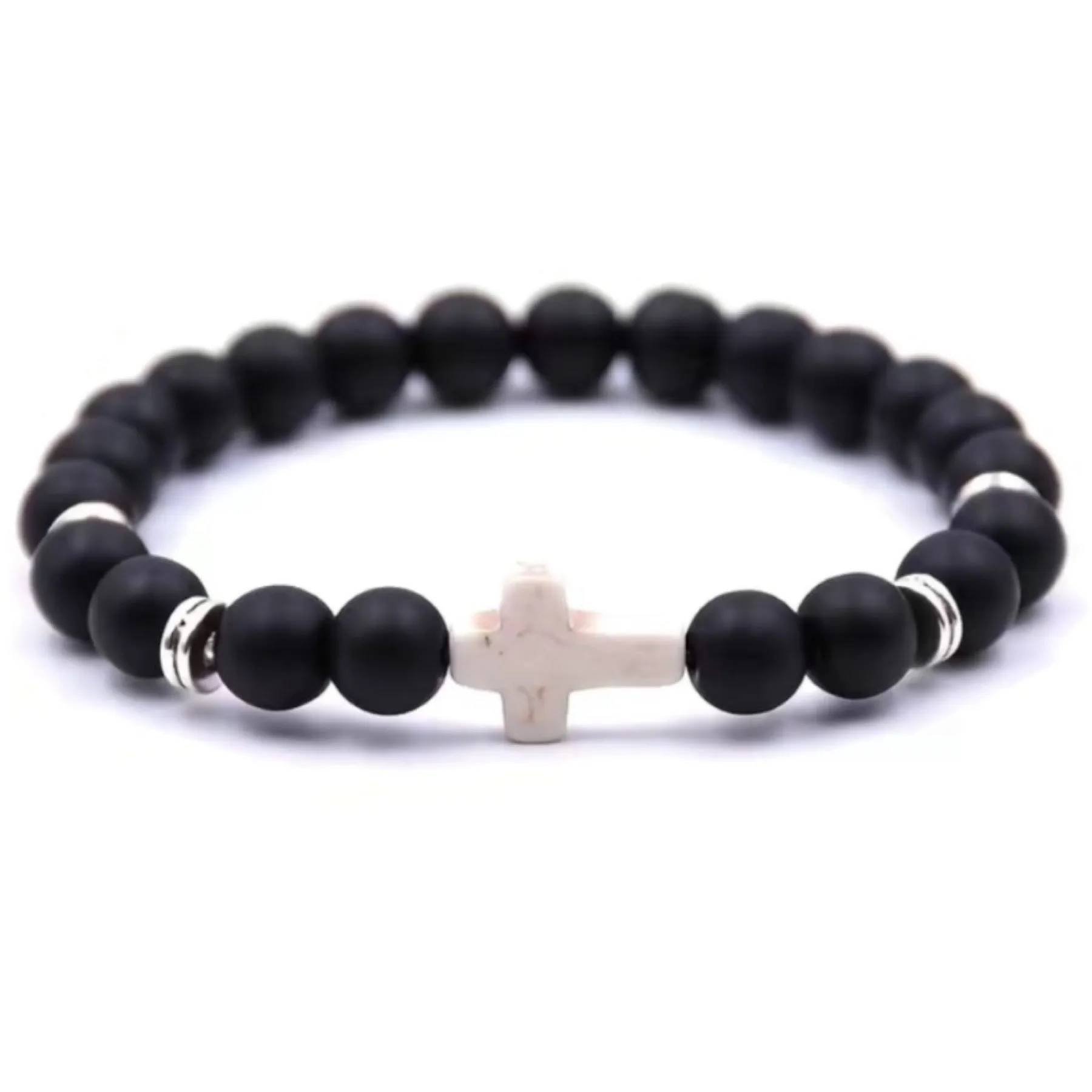 Black Matte Stone Cross Beaded Bracelet