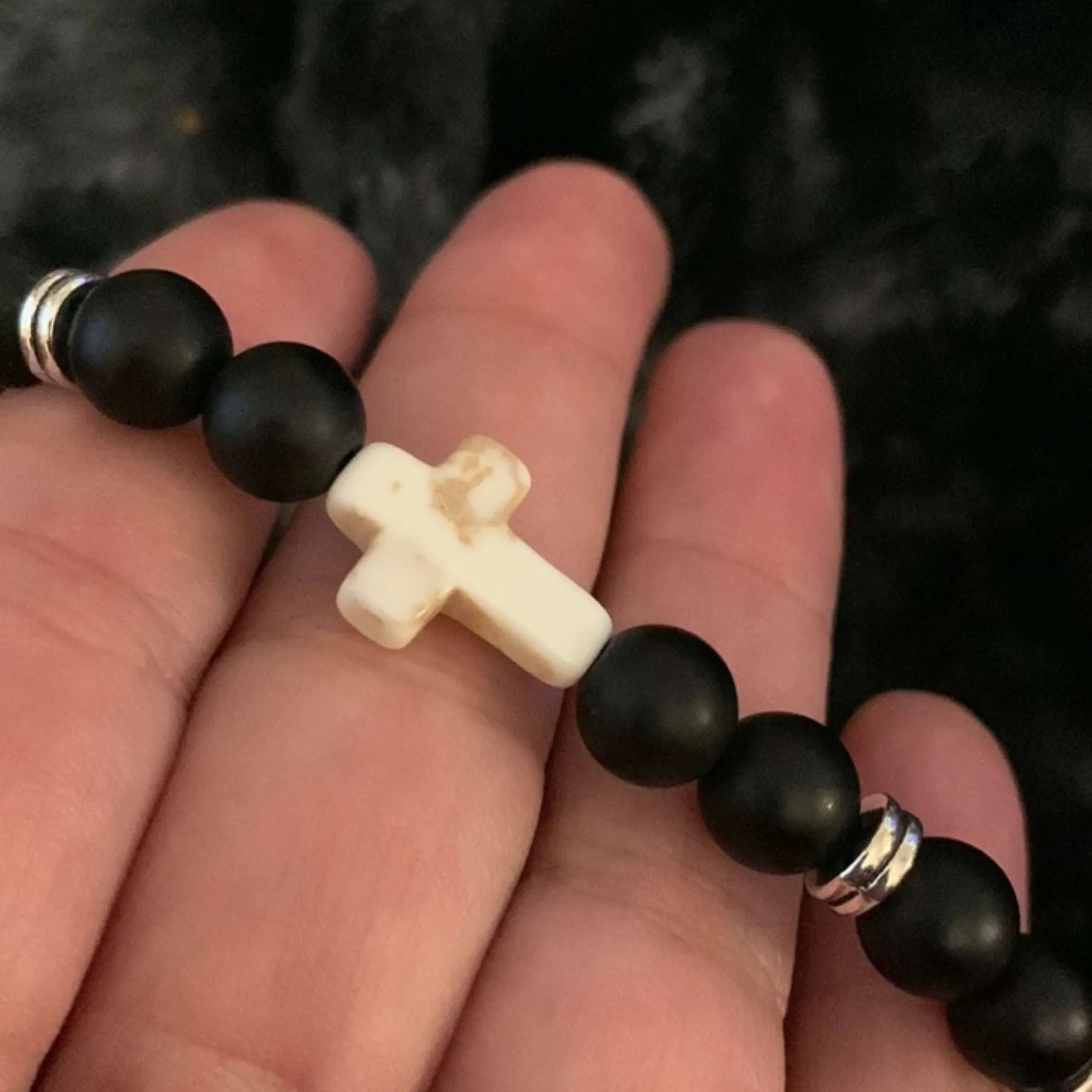 Black Matte Stone Cross Beaded Bracelet