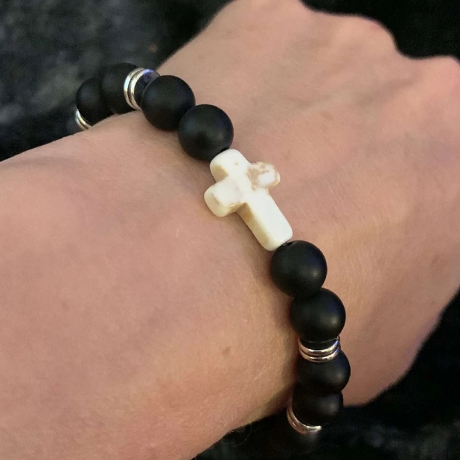 Black Matte Stone Cross Beaded Bracelet