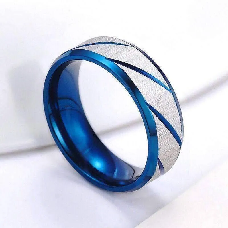 Blue Titanium Etched Men's Wedding Band Ring